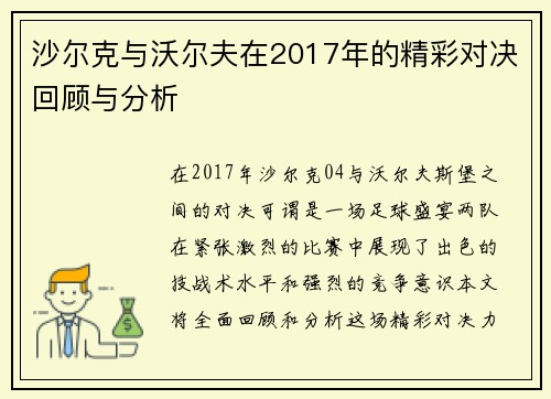 沙尔克与沃尔夫在2017年的精彩对决回顾与分析